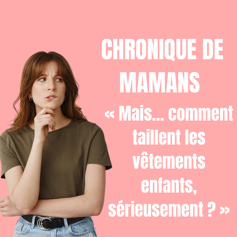 Illustration représentant une maman réfléchissant aux tailles des vêtements enfants, évoquant les différences de coupe selon les marques