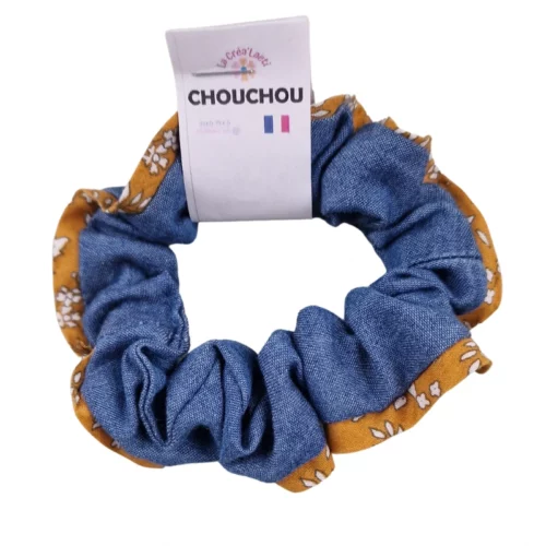 Chouchou upcyclé – Jean souple et liberty moutarde