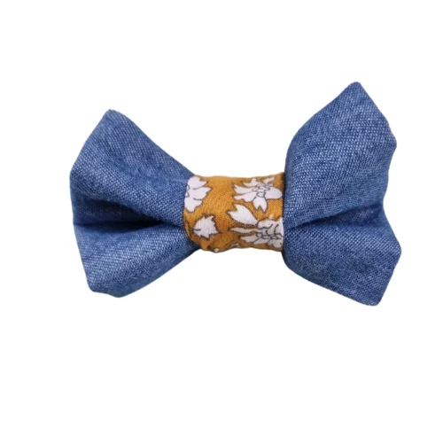Barrette upcyclée – Nœud en jean souple et  liberty moutarde