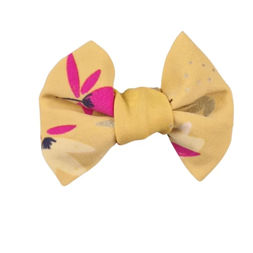 Barrette upcyclée – Nœud fleuri jaune et rose